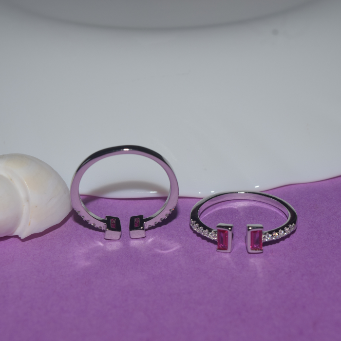 Adjustable two pink stone Silver toe ring