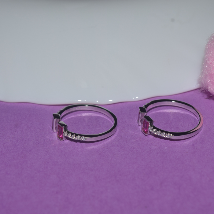 Adjustable two pink stone Silver toe ring