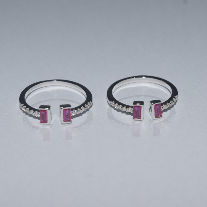 Adjustable two pink stone Silver toe ring