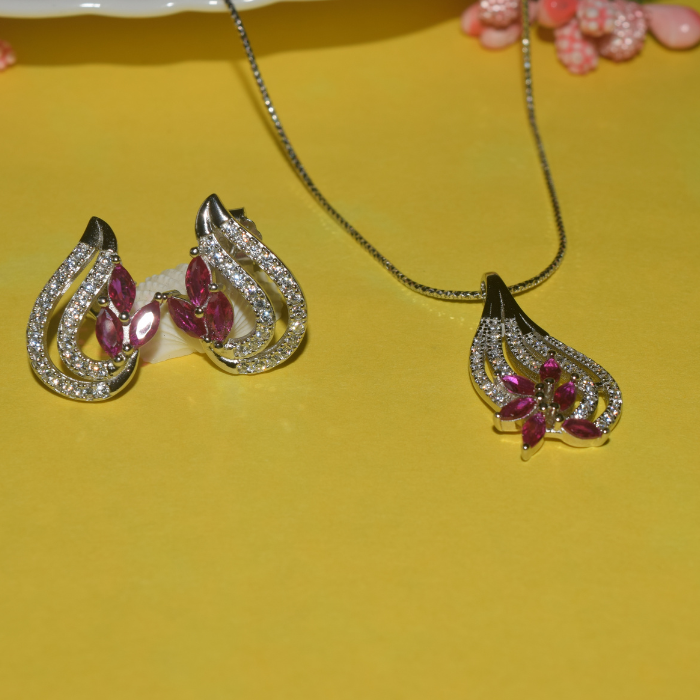 Silver Petal Sea Wave Pendant Necklace with Matching Earrings Set