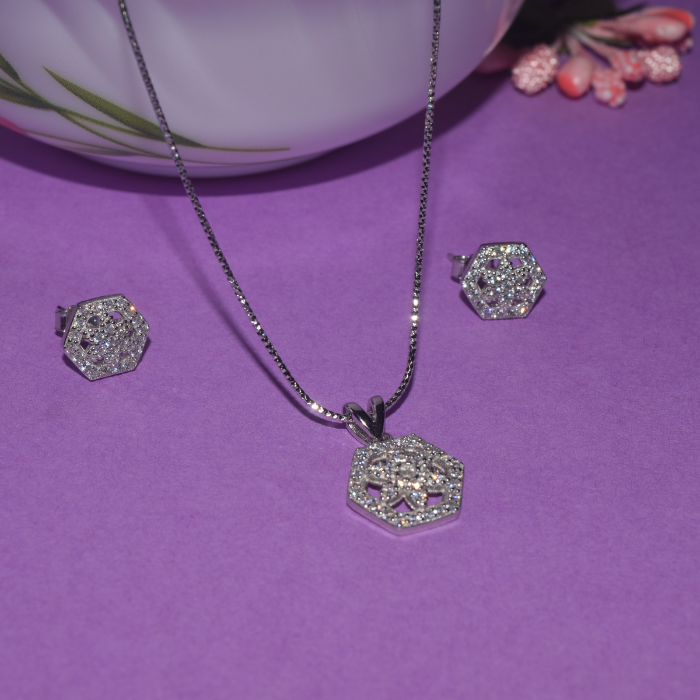 Silver Floral Pendant Necklace with Matching Earrings Set