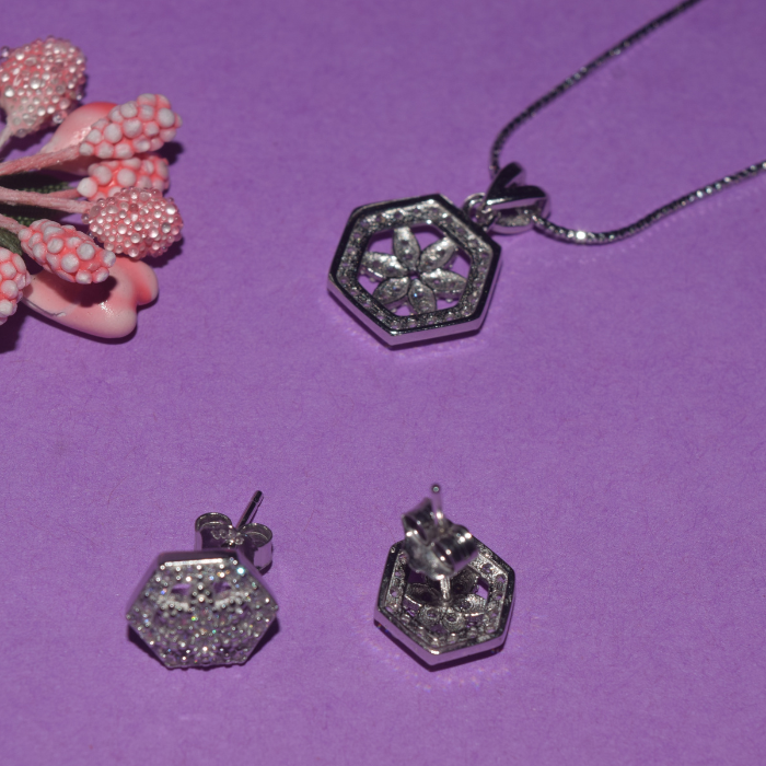 Silver Floral Pendant Necklace with Matching Earrings Set