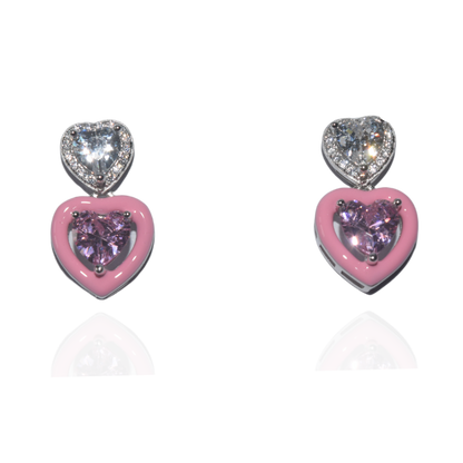 Silver Pink Heart with Solitaires Earrings