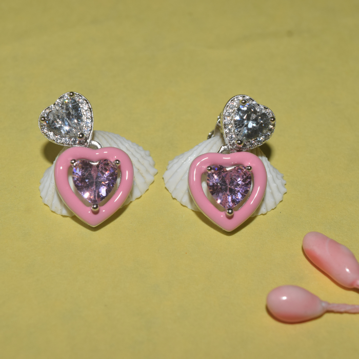 Silver Pink Heart with Solitaires Earrings