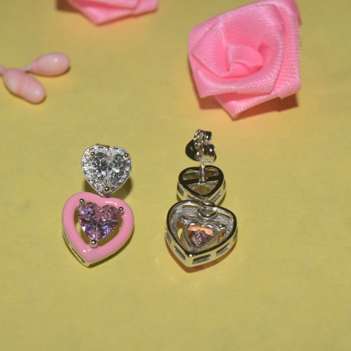 Silver Pink Heart with Solitaires Earrings