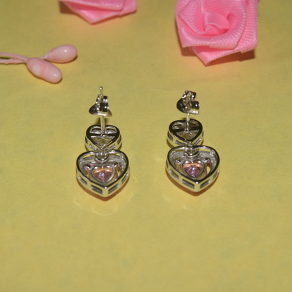 Silver Pink Heart with Solitaires Earrings