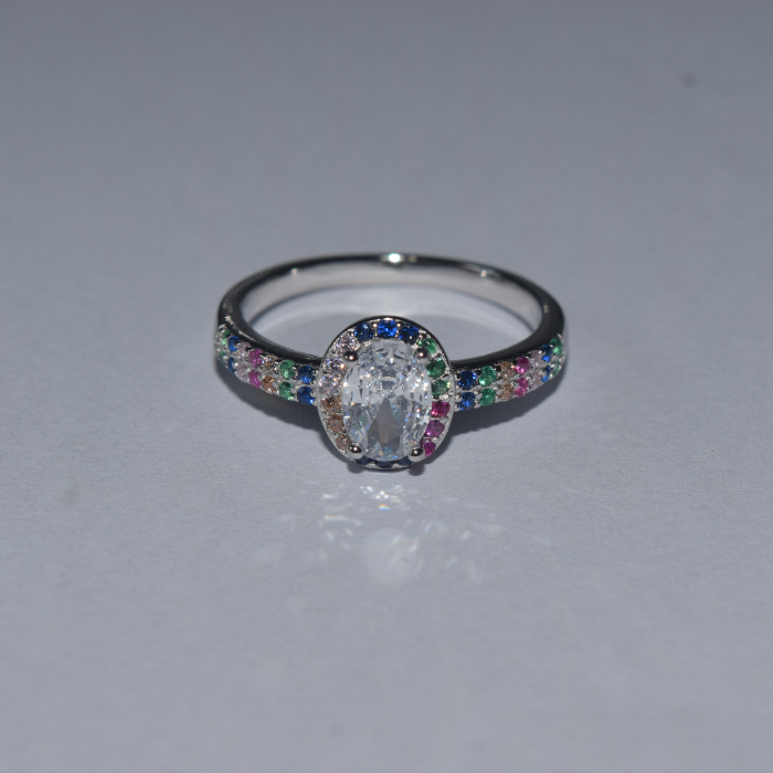 Silver Solitaire with Multicolor Stones Ring