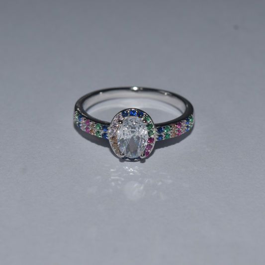 Silver Solitaire with Multicolor Stones Ring