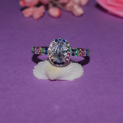 Silver Solitaire with Multicolor Stones Ring