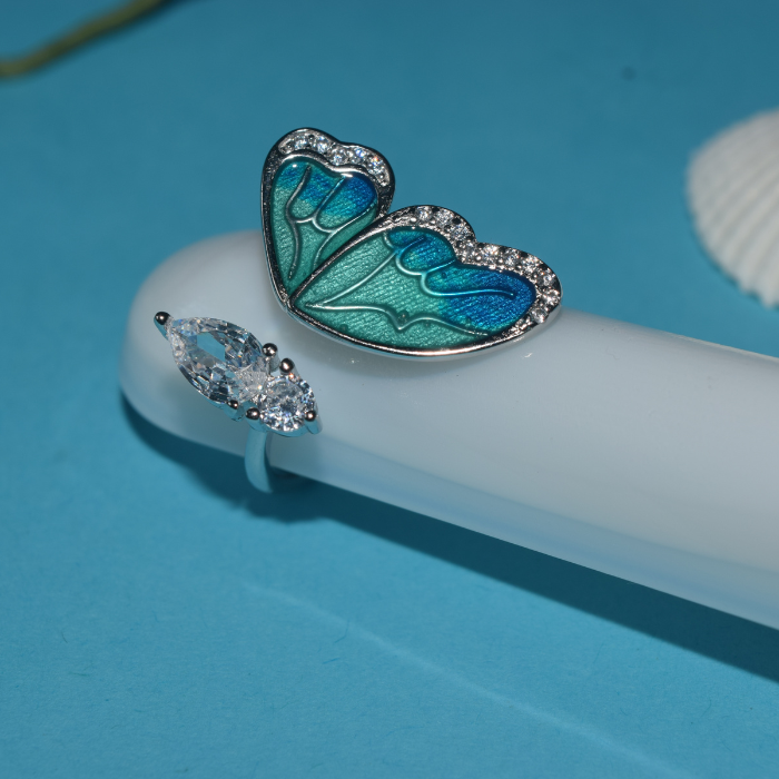 Silver Butterfly on Petals Adjustable Ring