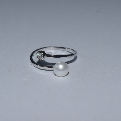 Silver Pearl and Stone Adjustable Ring