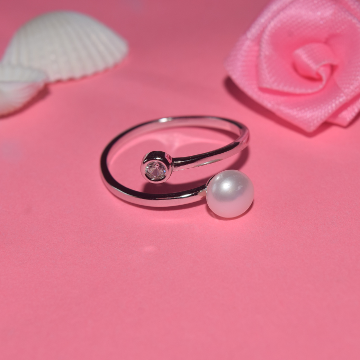 Silver Pearl and Stone Adjustable Ring