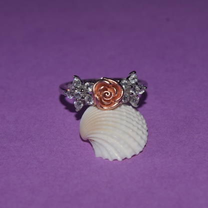 Silver Rose and Studded Flowers Ring