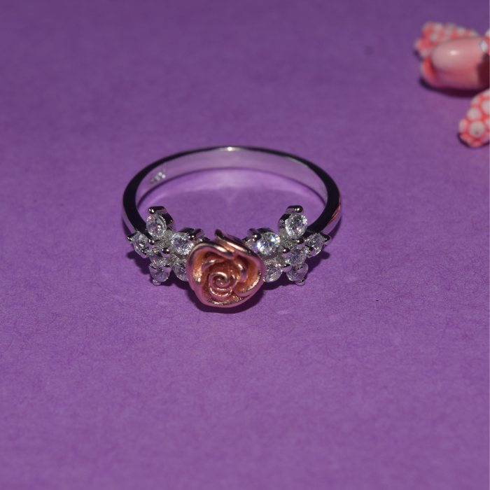 Silver Rose and Studded Flowers Ring