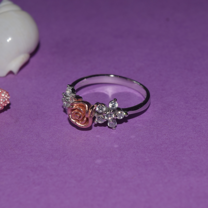 Silver Rose and Studded Flowers Ring