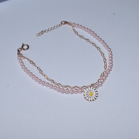 Silver Shining Flower Rose Gold with Pearls Bracelet