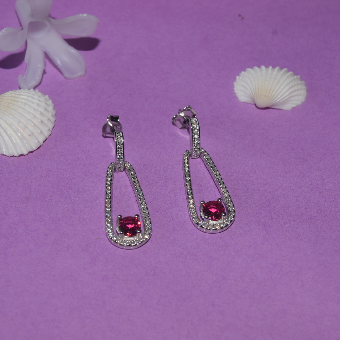 Silver Red Stone Dew Drop Zircons Earrings