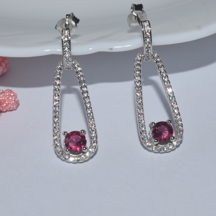 Silver Red Stone Dew Drop Zircons Earrings