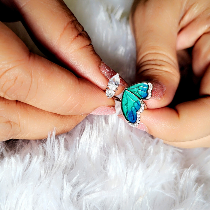 Silver Butterfly on Petals Adjustable Ring