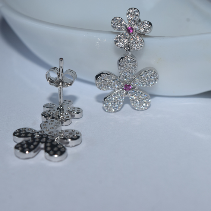 Silver Twin Flowers Zircon studded Earring