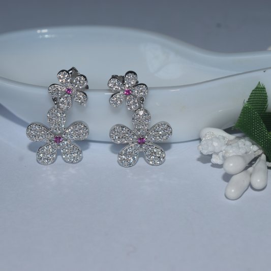 Silver Twin Flowers Zircon studded Earring