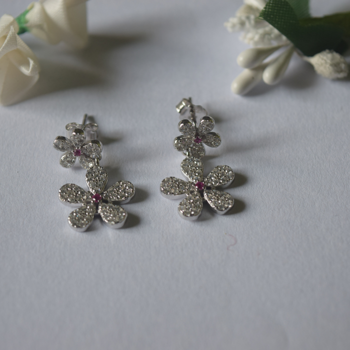 Silver Twin Flowers Zircon studded Earring